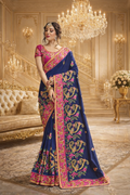 UV Royal Silks Royal Blue Embroidered Silk Saree | Zari & Coding Work | Unstitched Blouse