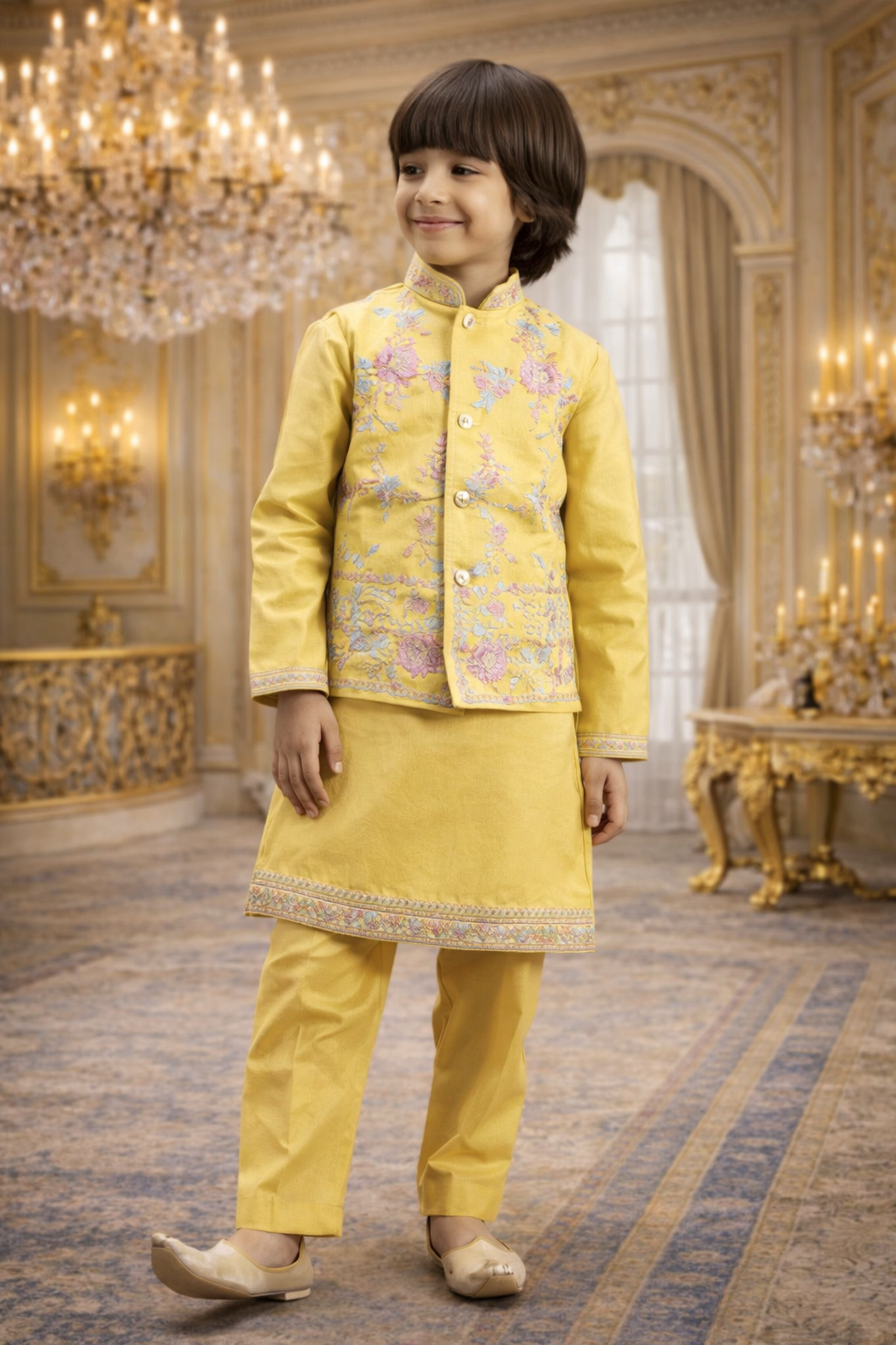 UV Royal Silks Yellow Viscose Silk Embroidery Boys Kurta Pajama with Koti – Festival Wear