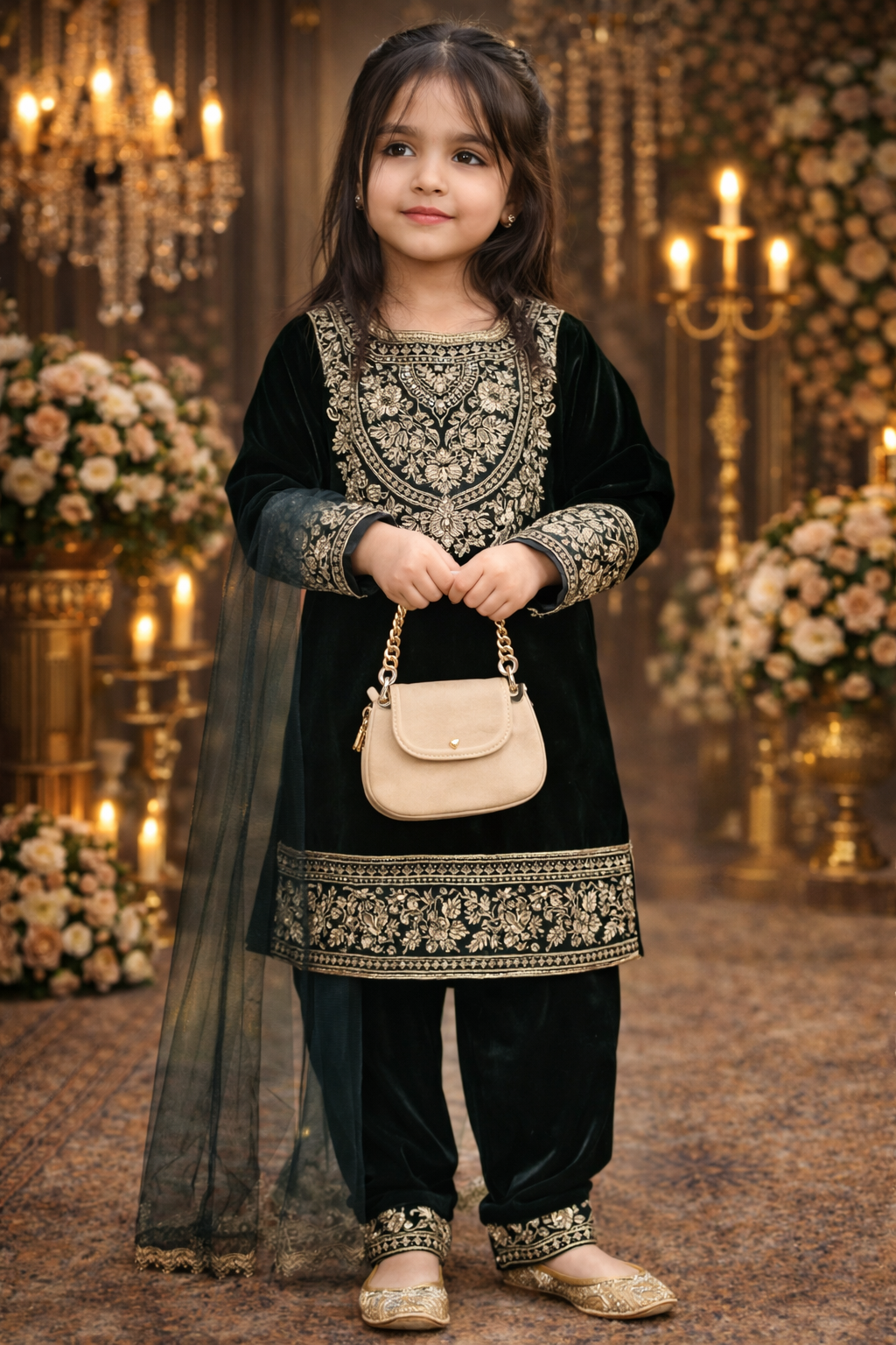Dark Green Viscose Velvet Zari Embroidery Work Party Wear Readymade Kids Suit | UV Royal Silks