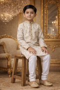 UV Royal Silks Off White Cotton Printed Work Occasional Wear Readymade Kids Kurta Pajama