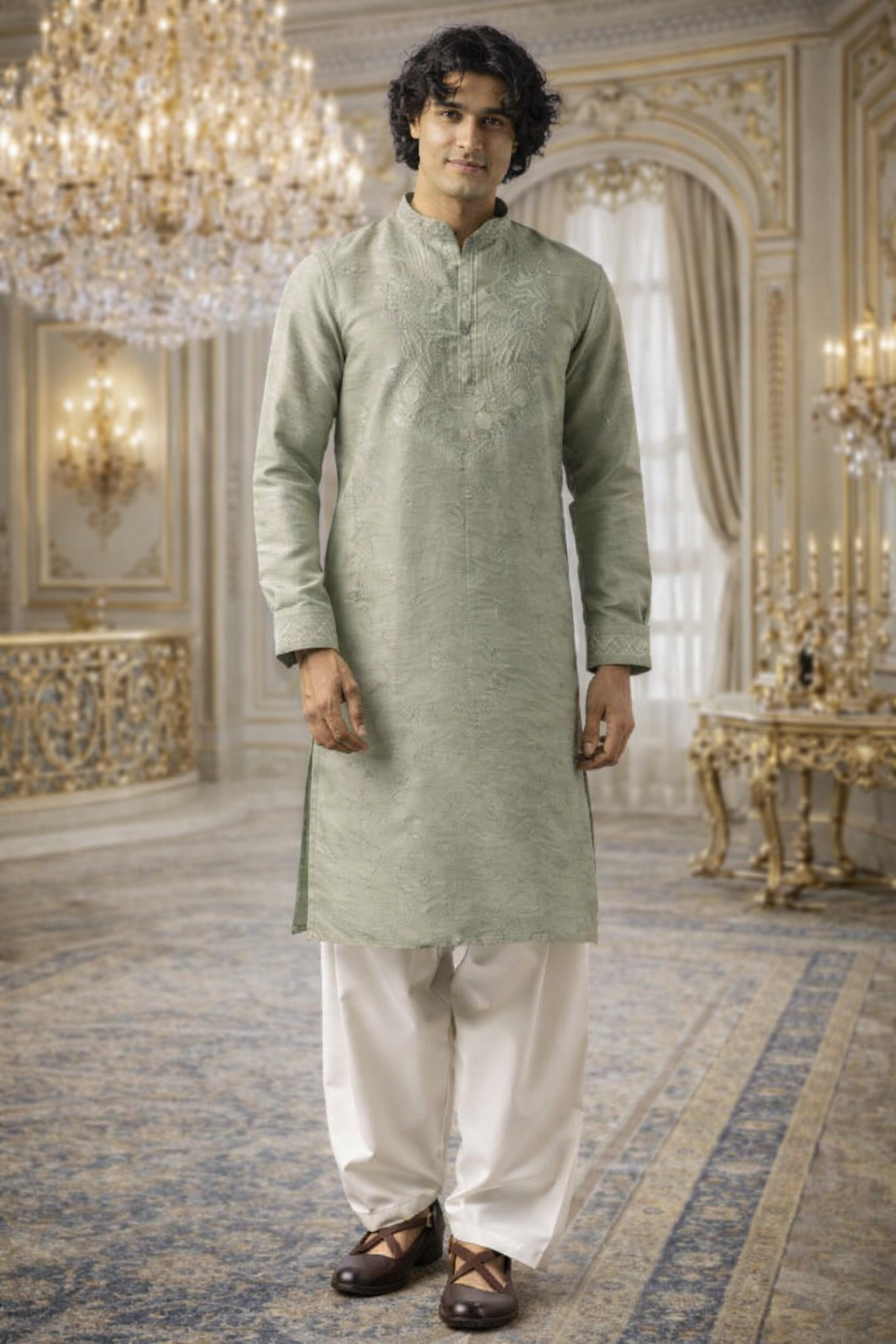 UV Royals Pista Green Jacquard Kurta Pajama Set Festive & Wedding Wear for Men