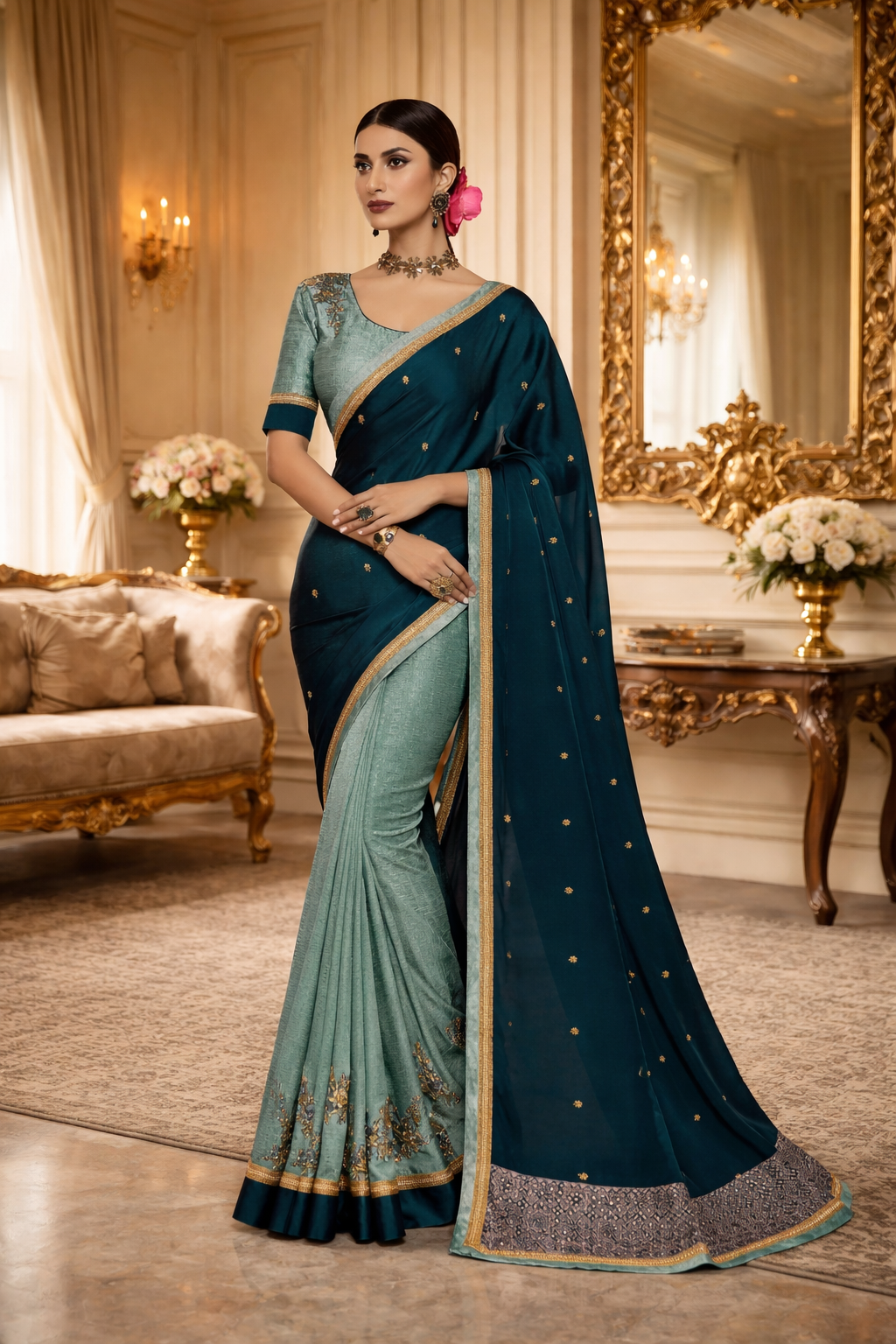 UV Royal Silks Plain Silk Saree with Embroidered Lace Border | Designer Silk Saree with Embroidered Blouse