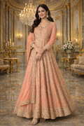 UV Royal Silks Peach Chinon Embroidery Work Wedding Wear Readymade Anarkali Suit