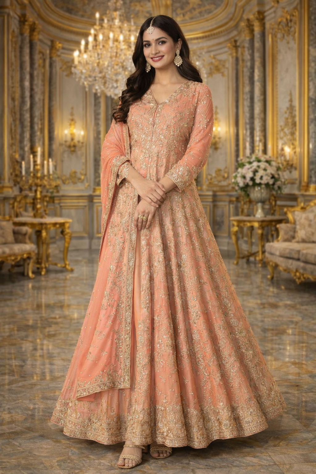 UV Royal Silks Peach Chinon Embroidery Work Wedding Wear Readymade Anarkali Suit