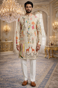 UV Royal Silks Cream Printed Designer Kurta Festive Wear for Men