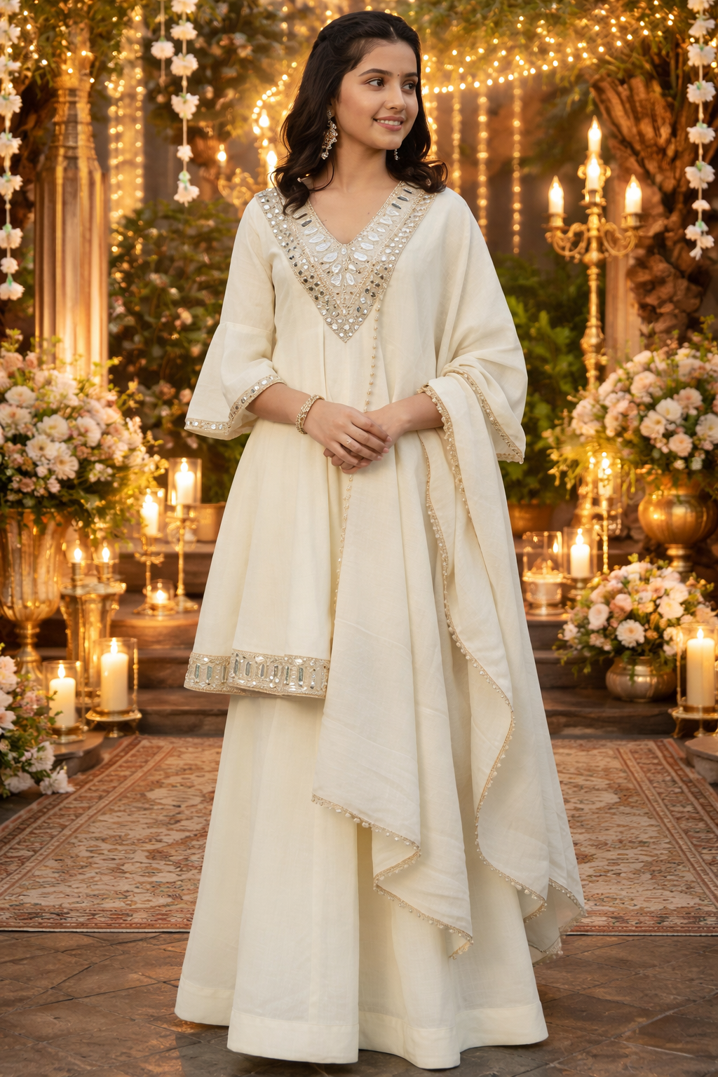 Cream Cosmos Gold Zari Silk Mirror Work Party Wear Readymade Kids Sharara Suit | UV Royal Silks