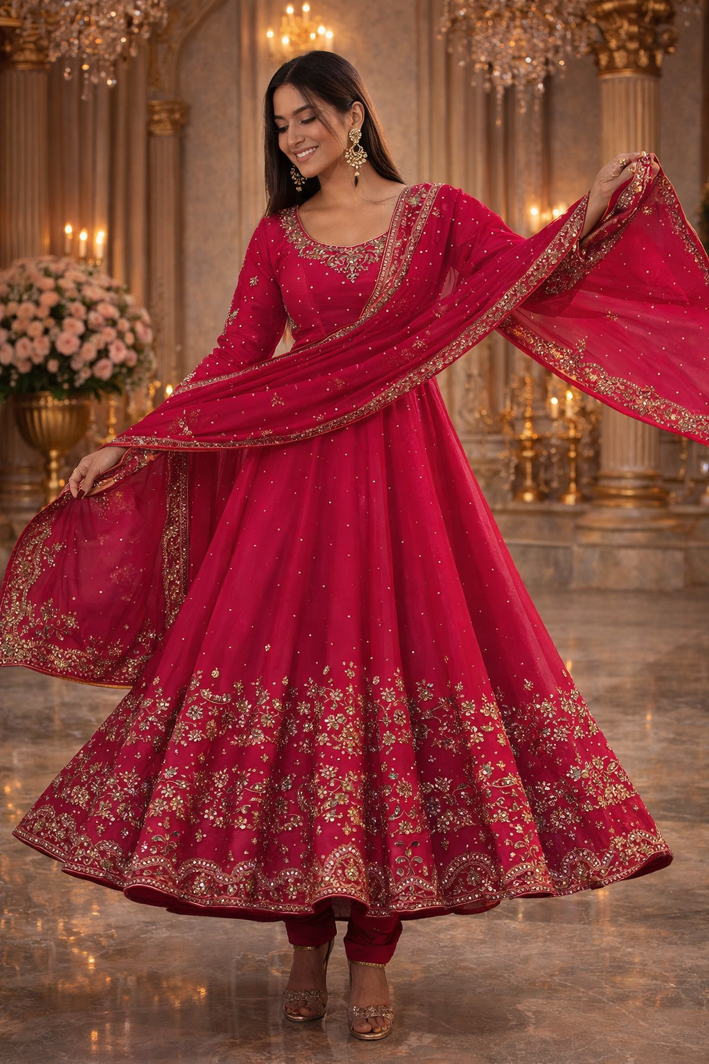 UV Royal Silks Pink Roman Silk Sequins Work Festival Wear Readymade Anarkali Suit