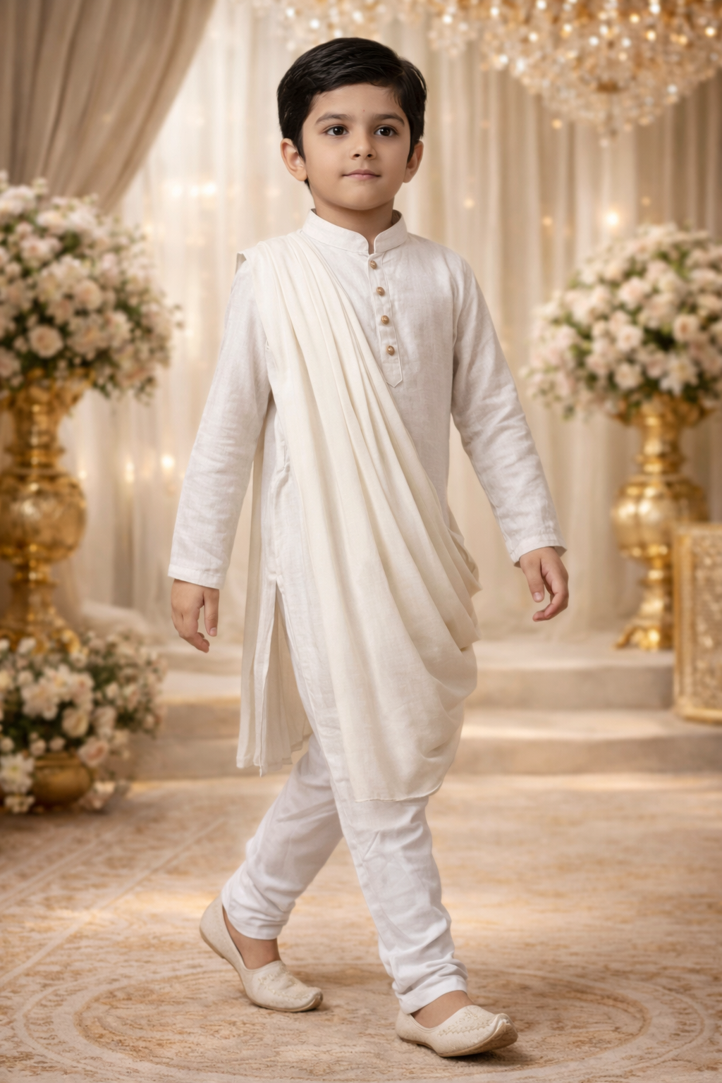 White Viscose Printed Work Occasional Wear Readymade Kids Kurta Pajama | UV Royal Silks