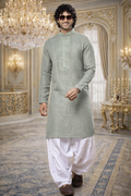 UV Royals Sage Green Embroidered Kurta Pajama Traditional Wedding & Festive Wear for Men