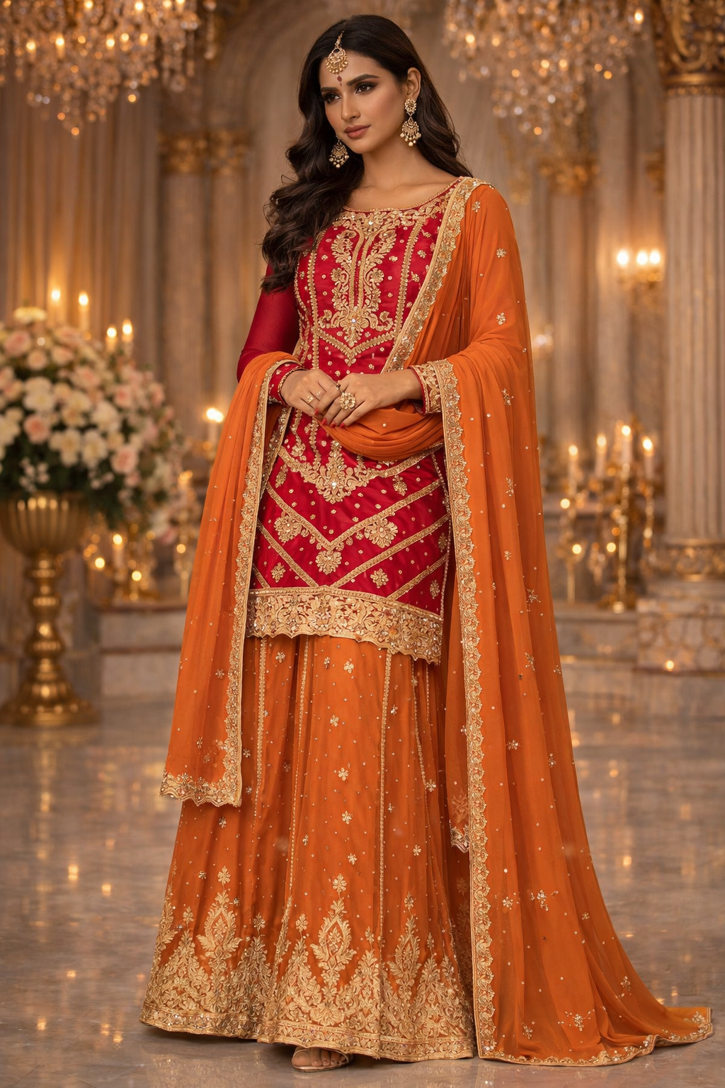 UV Royal Silks Orange Chinon Silk Zari Embroidery Work Wedding Wear Readymade Palazzo Suit