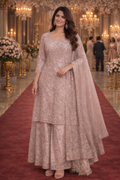 UV Royal Silks Pink Net Embroidery Work Festival Wear Readymade Palazzo Suit
