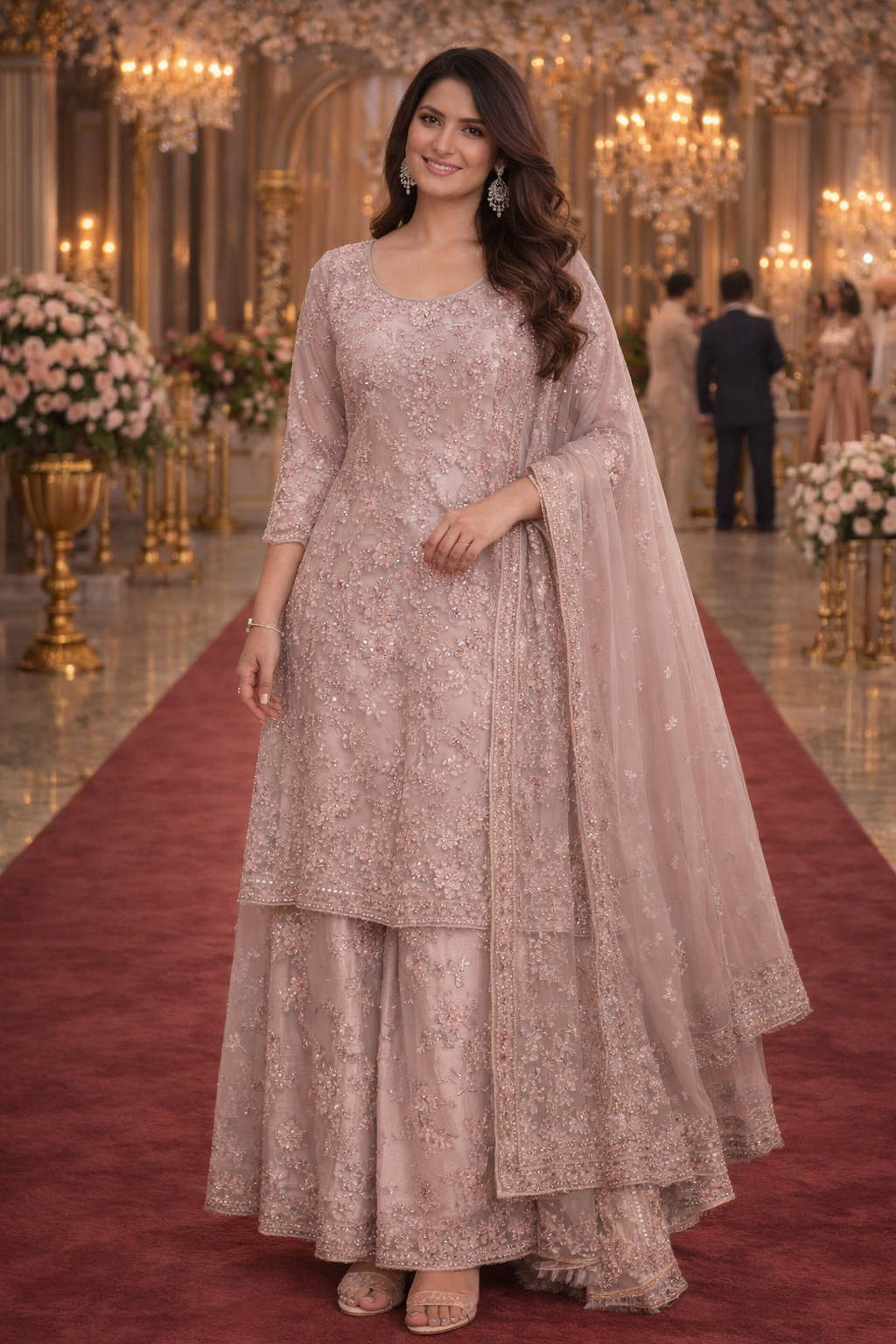 UV Royal Silks Pink Net Embroidery Work Festival Wear Readymade Palazzo Suit