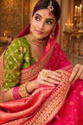 UV Royal Silks Rani Pink Silk Jacquard Woven Saree with Embroidery Lace Border