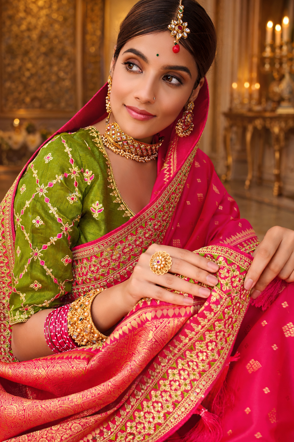 UV Royal Silks Rani Pink Silk Jacquard Woven Saree with Embroidery Lace Border