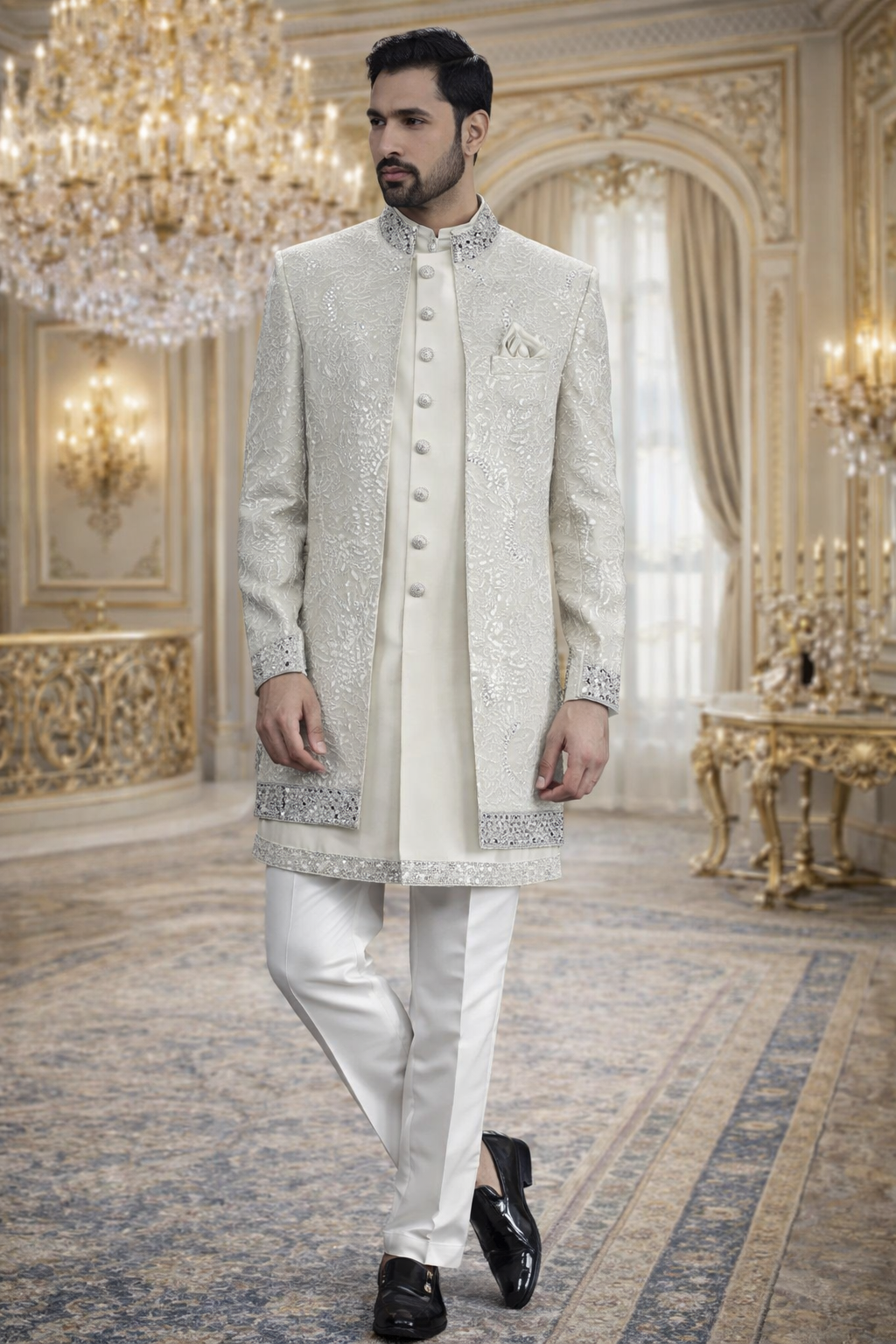 UV Royal Silks Ivory Embroidered Indo Western Sherwani with Kurta