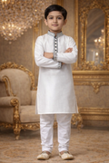 UV Royal Silks White Silk Printed Work Occasional Wear Readymade Kids Kurta Pajama