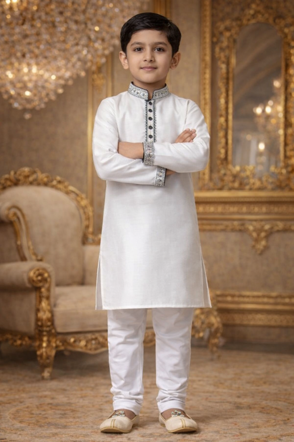 UV Royal Silks White Silk Printed Work Occasional Wear Readymade Kids Kurta Pajama