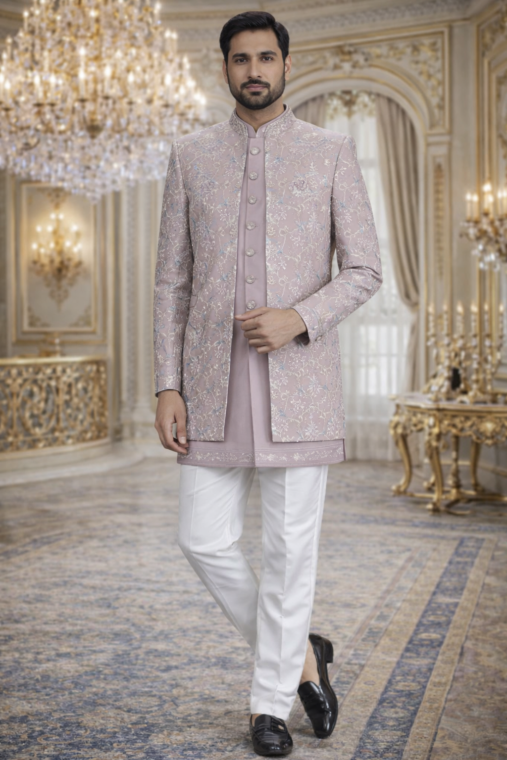UV Royal Silks Blush Pink Jacquard Indo Western Sherwani Style Jacket with Kurta  for Men