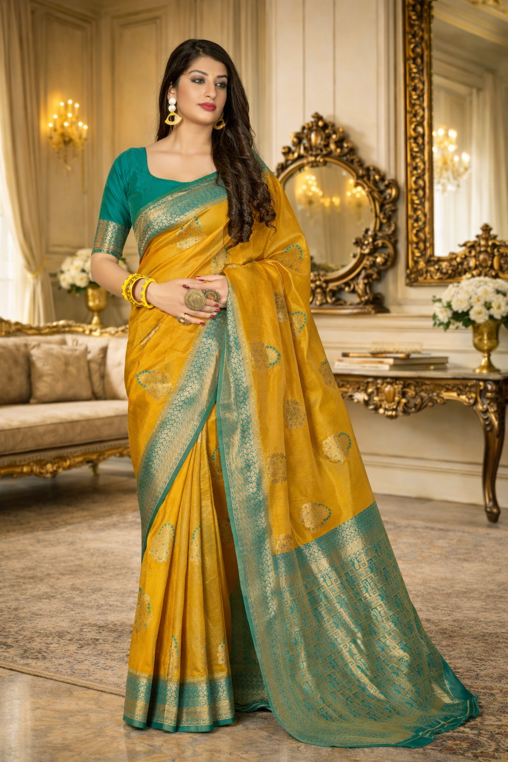 UV Royal Silks Banarasi Silk Yellow Saree with Firozi Blouse