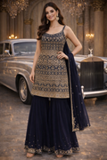 UV Royal Silks Navy Blue Georgette Embroidery Work Party Wear Readymade Sharara Suit