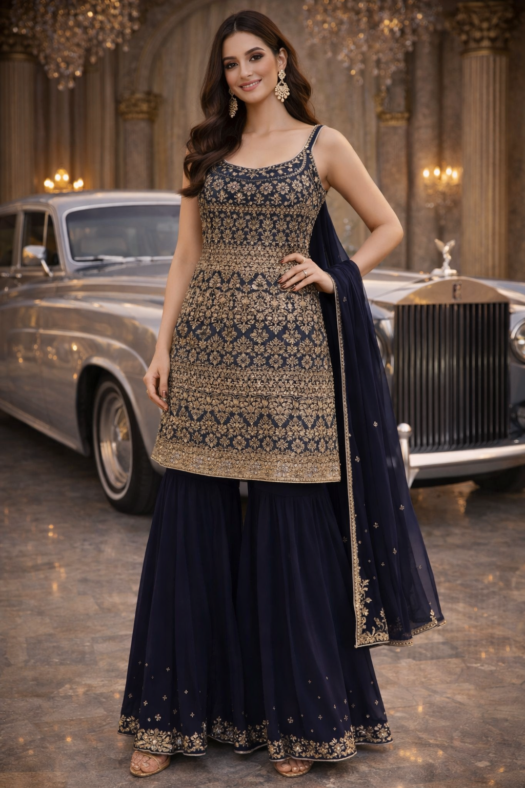 UV Royal Silks Navy Blue Georgette Embroidery Work Party Wear Readymade Sharara Suit