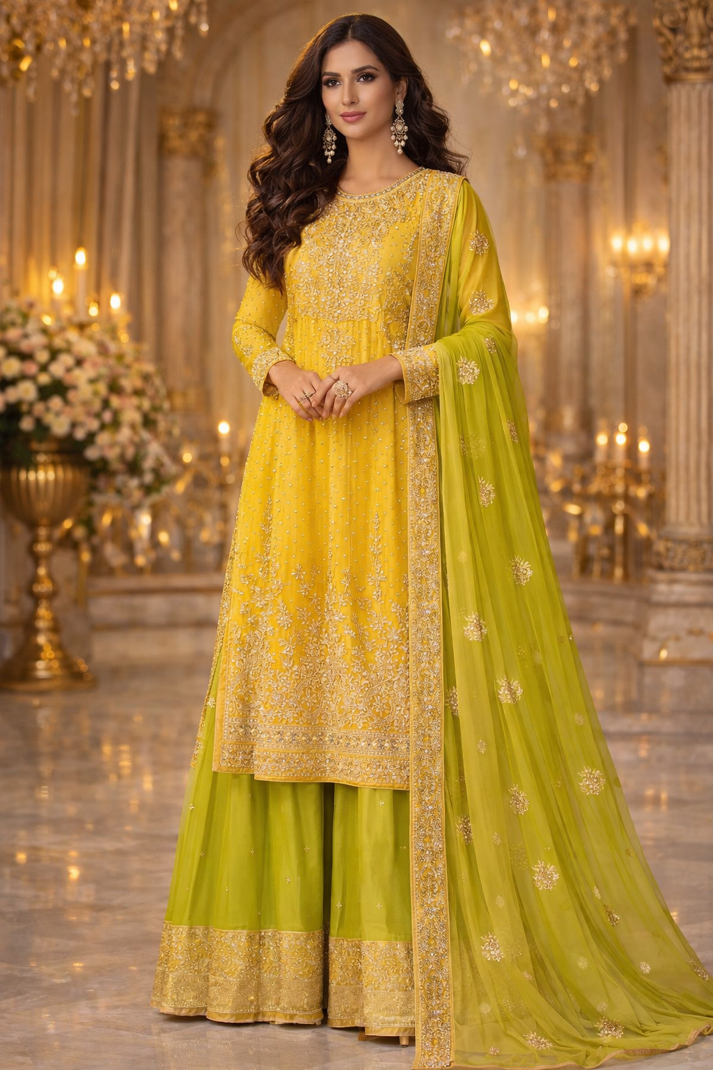 UV Royal Silks Mustard Chinon Embroidery Work Wedding Wear Readymade Palazzo Suit