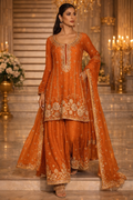 UV Royal Silks Orange Chinon Silk Zari Embroidery Work Wedding Wear Readymade Salwar Suit