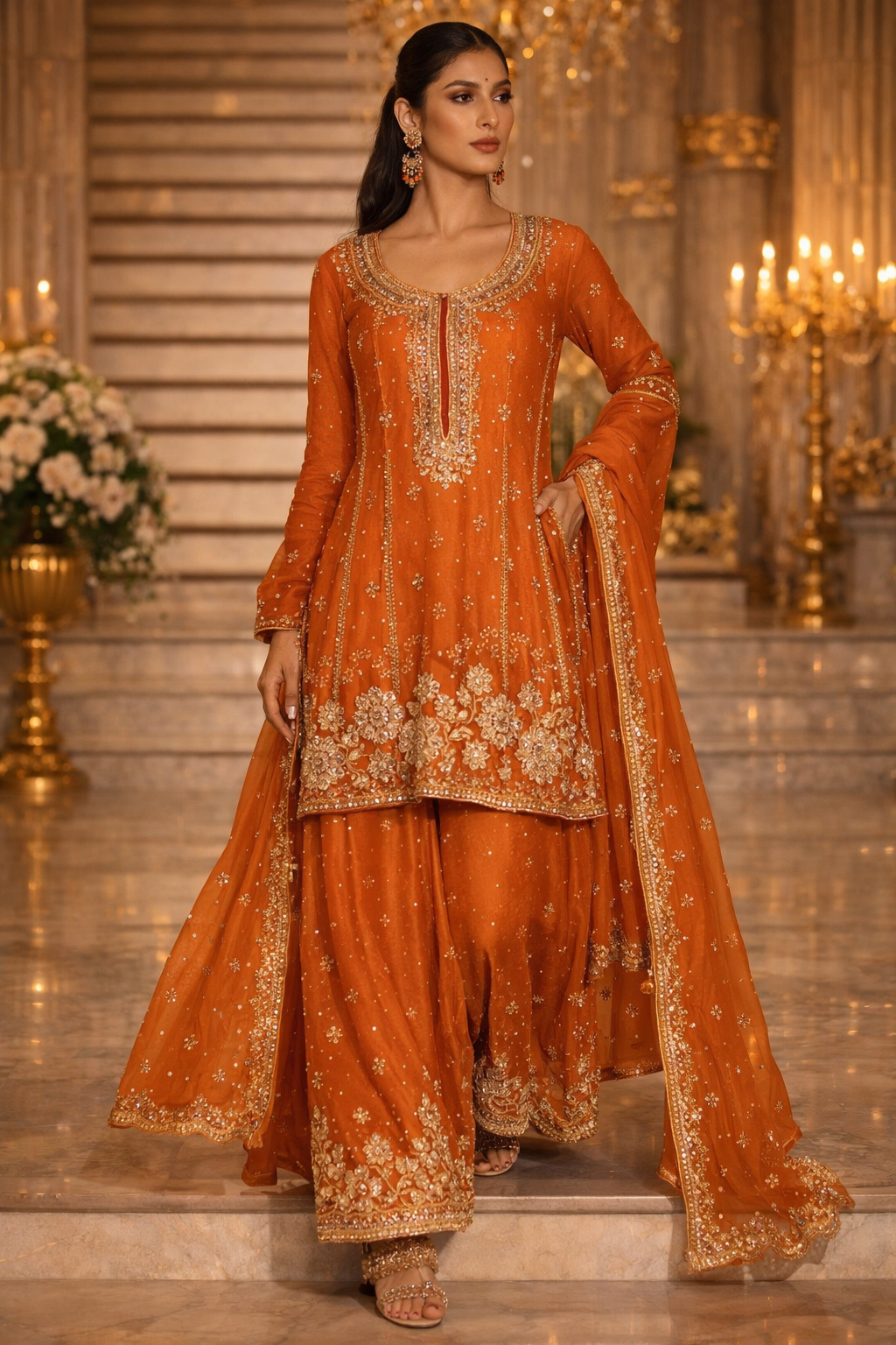 UV Royal Silks Orange Chinon Silk Zari Embroidery Work Wedding Wear Readymade Salwar Suit