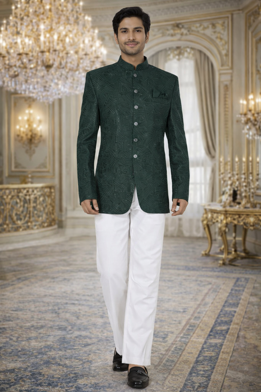 UV Royals Dark Green Jacquard Indo Western Jacket  Wedding & Festive Wear for Men