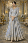 Sky Blue Chinon Silk Embroidery Work Wedding Wear Readymade Anarkali Suit