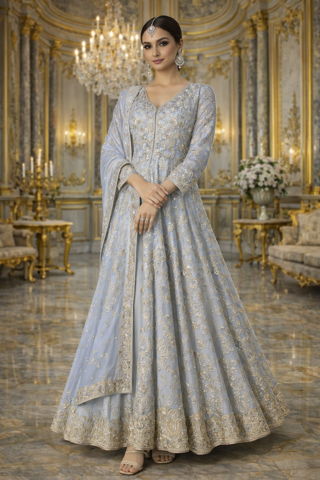 Sky Blue Chinon Silk Embroidery Work Wedding Wear Readymade Anarkali Suit