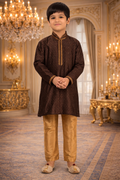 UV Royal Silks Dark Brown Jacquard Silk Kids Kurta Pajama – Festive & Traditional Wear