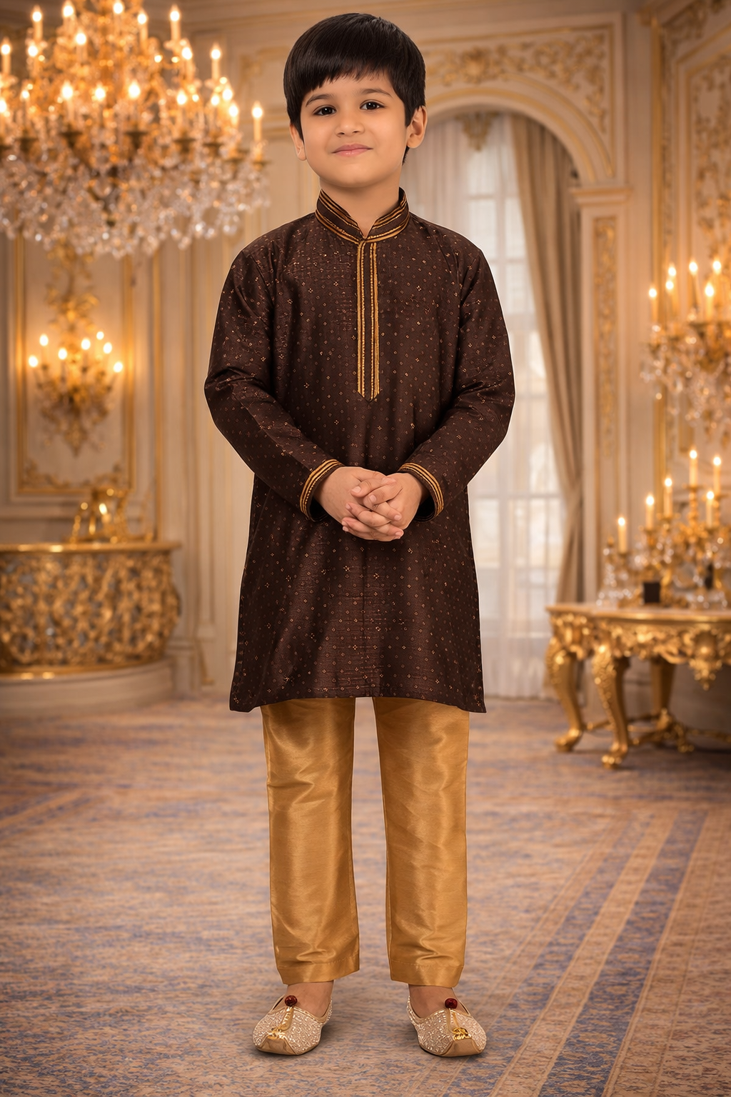 UV Royal Silks Dark Brown Jacquard Silk Kids Kurta Pajama – Festive & Traditional Wear