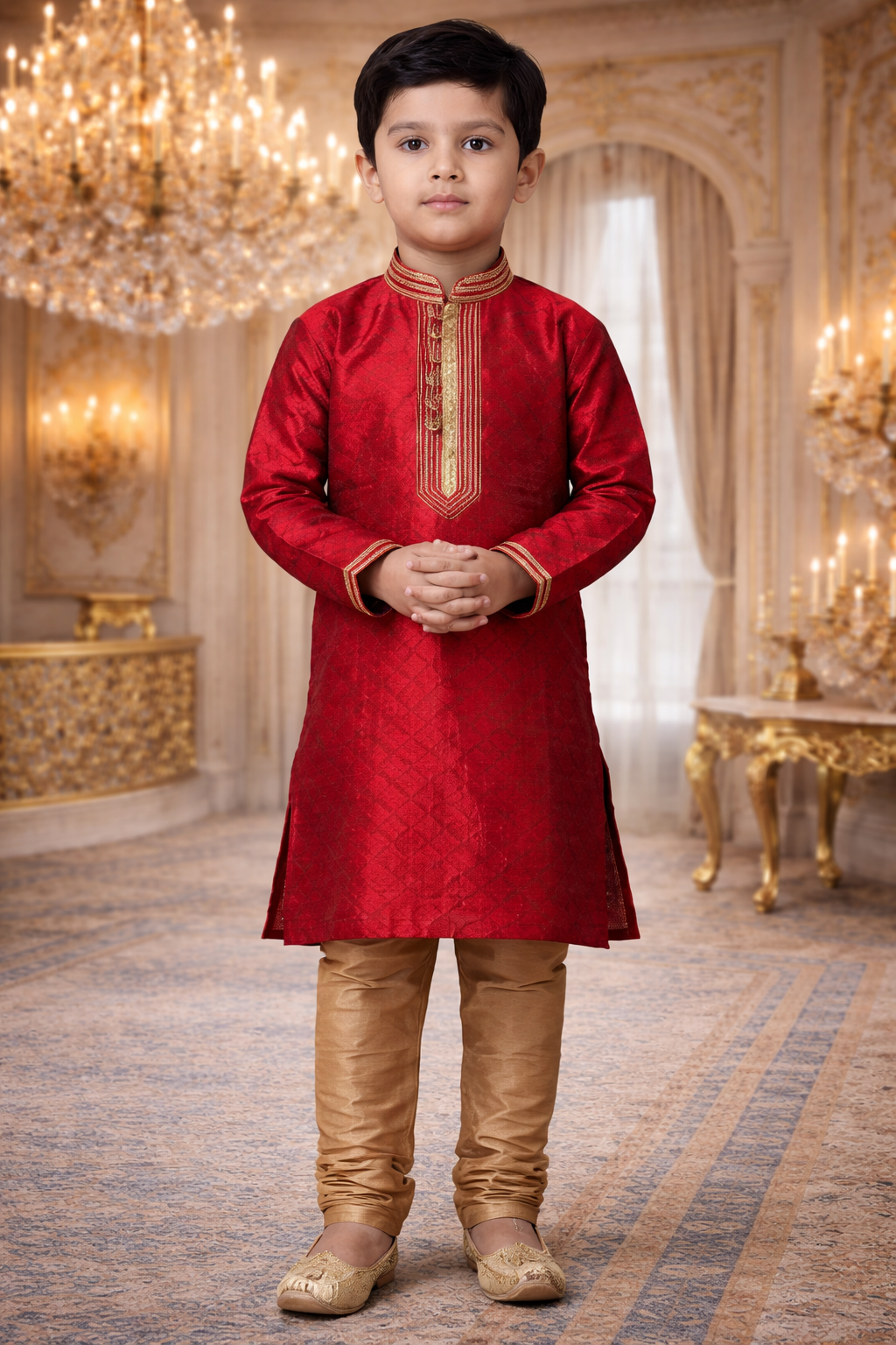 UV Royal Silks Red Jacquard Kids Kurta Pajama – Festive & Occasion Wear