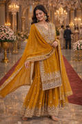 UV Royal Silks Yellow Georgette Zari Work Party Wear Readymade Palazzo Suit