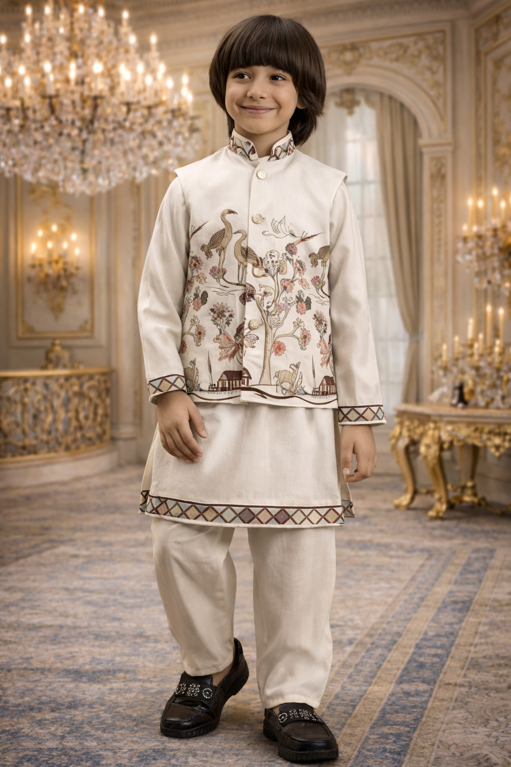 UV Royal Silks White Viscose Silk Sequin Work Boys Kurta Pant Set – Festival Wear