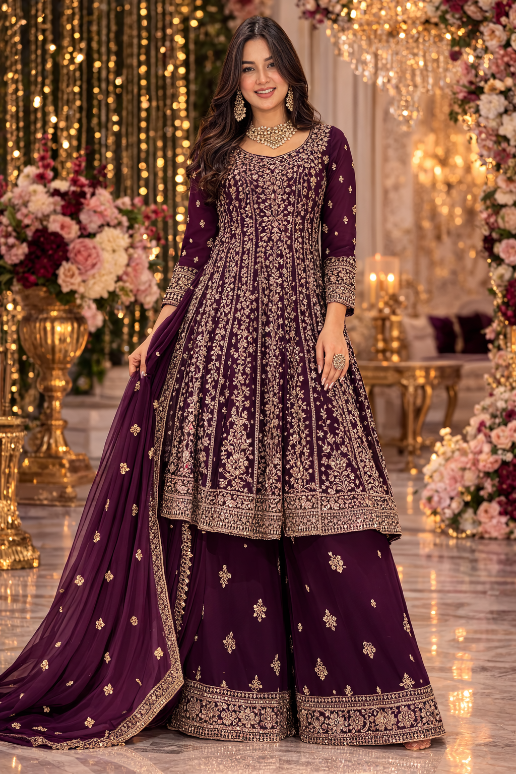 UV Royal Silks Purple Georgette Embroidery Work Wedding Wear Readymade Palazzo Suit