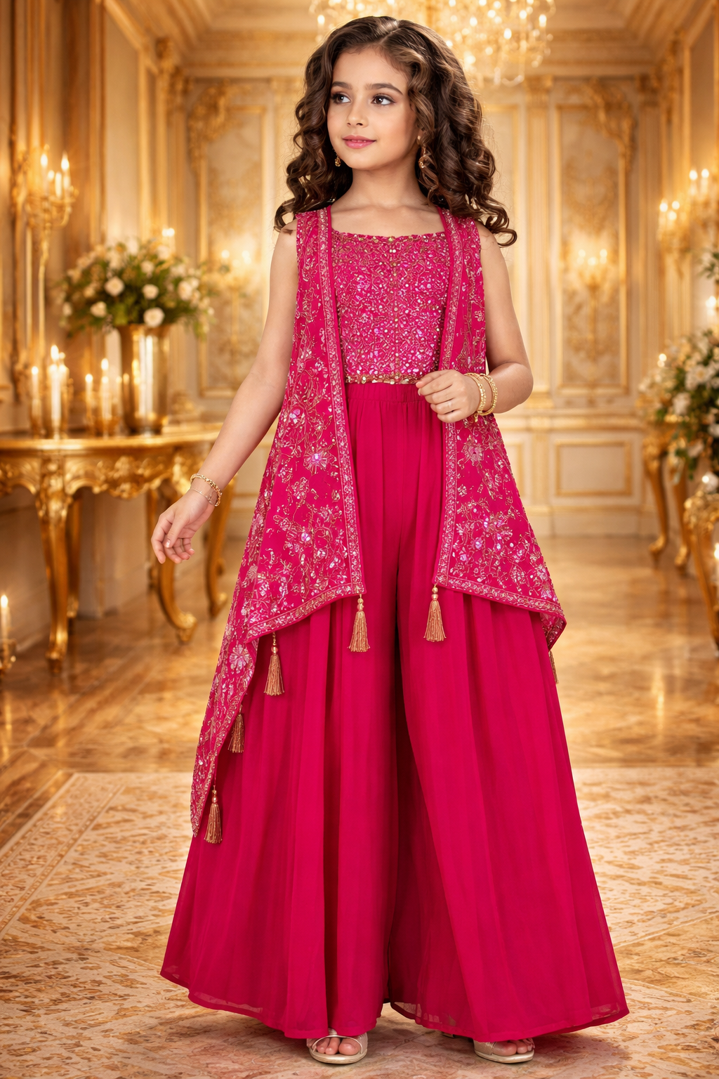 Pink Crepe Embroidery Work Festival Wear Readymade Kids Palazzo Suit | UV Royal Silks