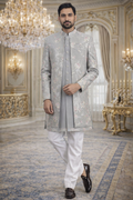 UV Royals Silver Grey Floral Jacquard Indo Western Sherwani Set Wedding & Festive Wear for Men
