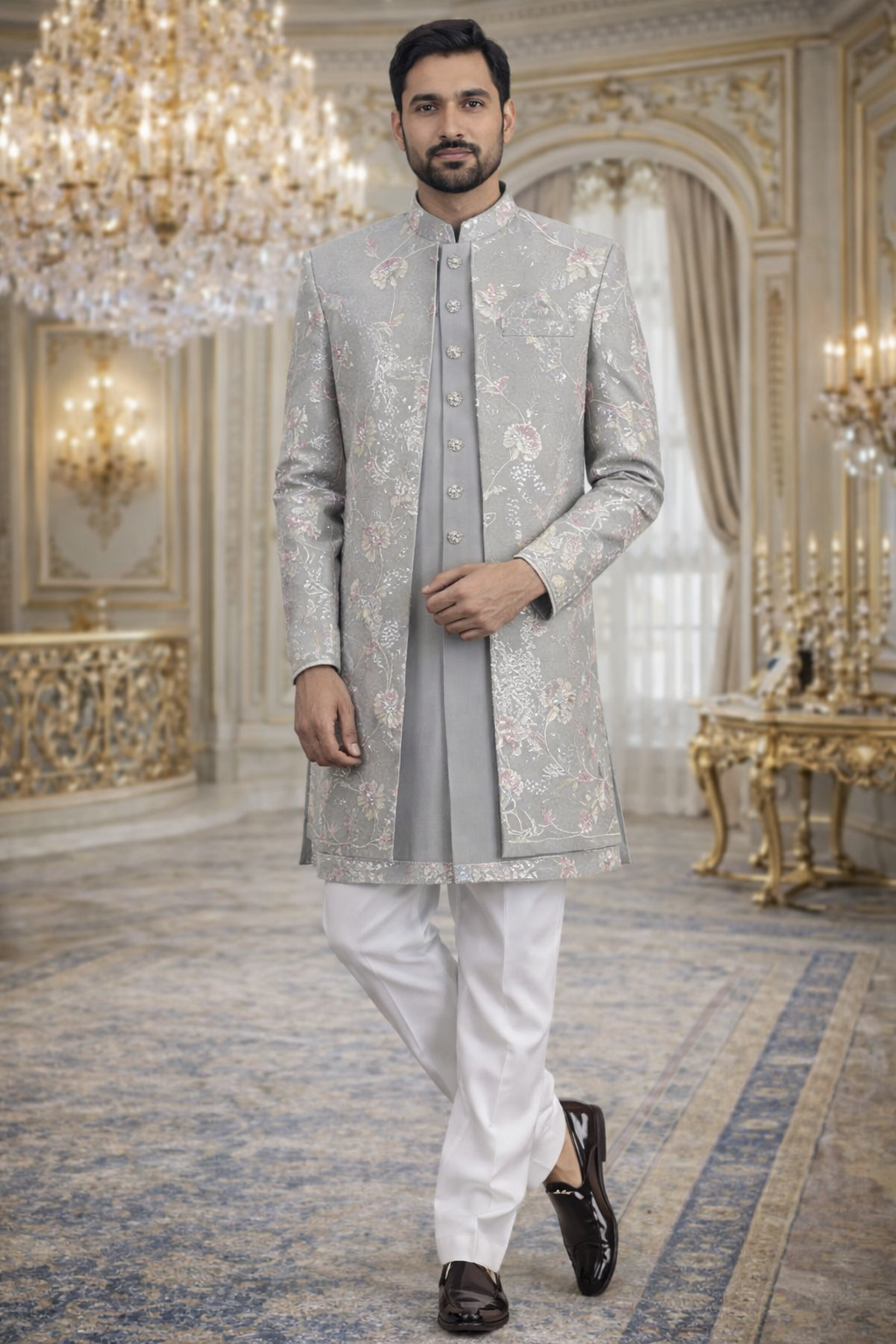 UV Royals Silver Grey Floral Jacquard Indo Western Sherwani Set Wedding & Festive Wear for Men