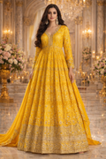 UV Royal Silks Yellow Silk Printed Work Wedding Wear Readymade Anarkali Suit