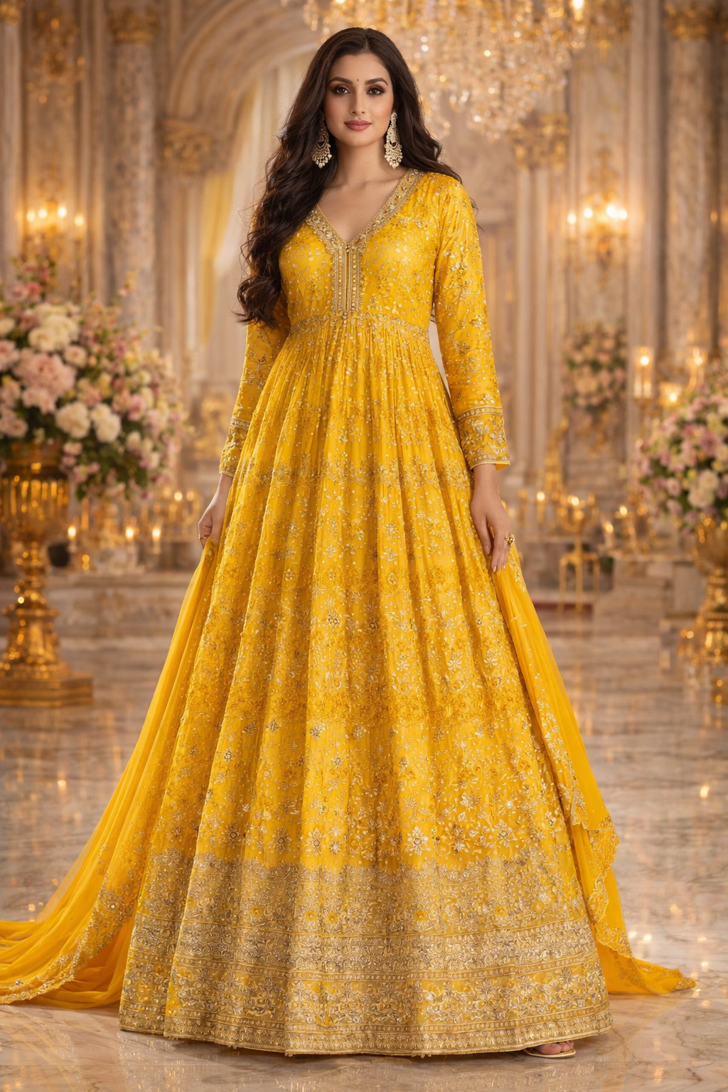UV Royal Silks Yellow Silk Printed Work Wedding Wear Readymade Anarkali Suit