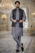 UV Royals Grey Kurta Pajama with Black Jacquard Nehru Jacket Festive & Wedding Wear for Men