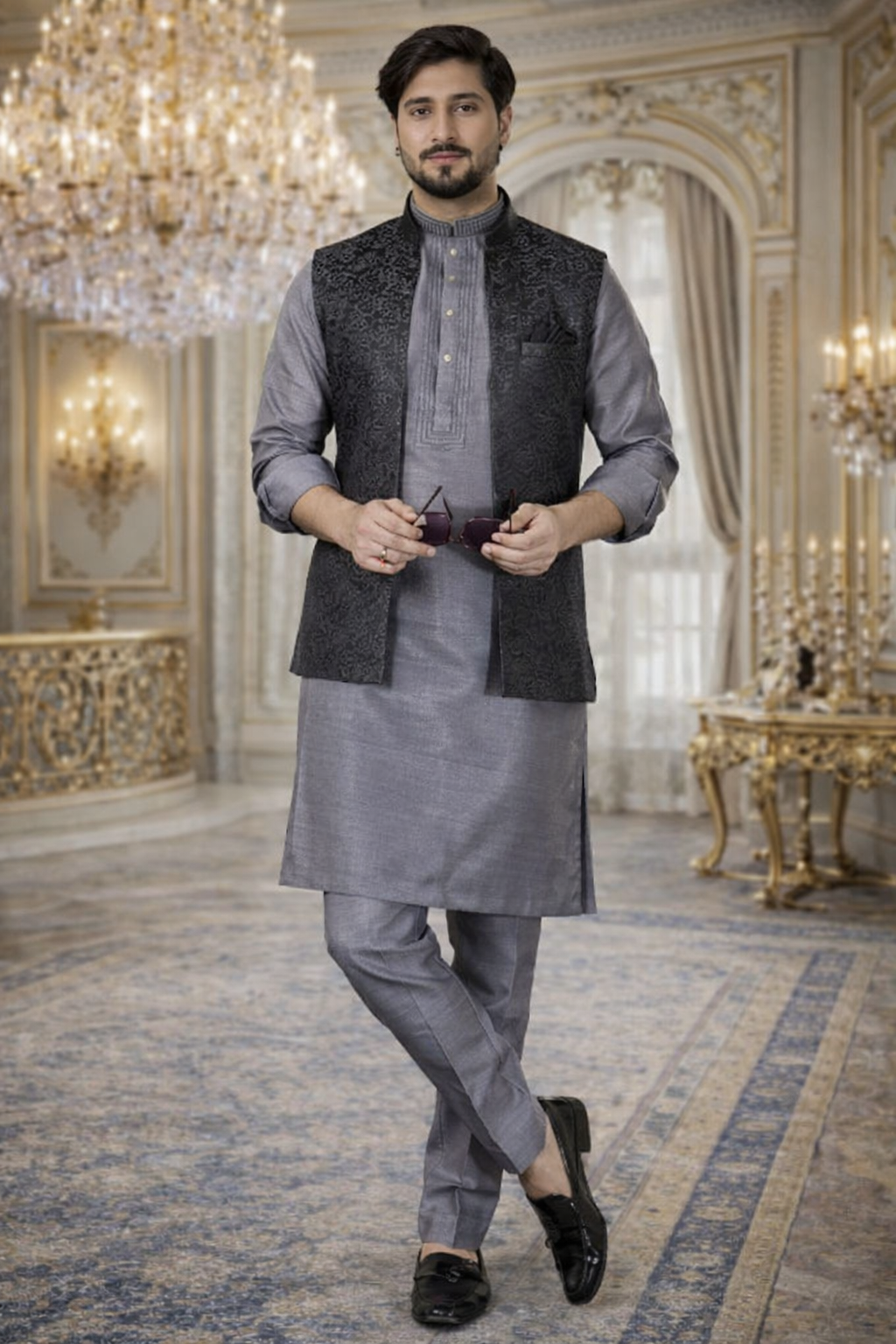 UV Royals Grey Kurta Pajama with Black Jacquard Nehru Jacket Festive & Wedding Wear for Men