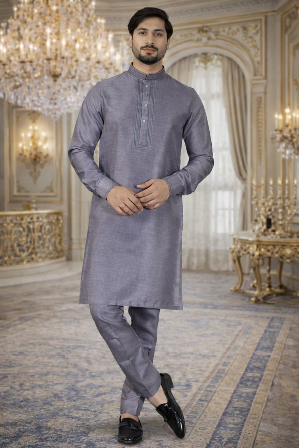 UV Royals Grey Silk Blend Kurta Pajama Set Festive & Wedding Wear for Men