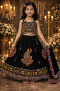 UV Royal Silks Black Art Silk Kutchi Work Navratri Wear Readymade Kids Lehenga Choli