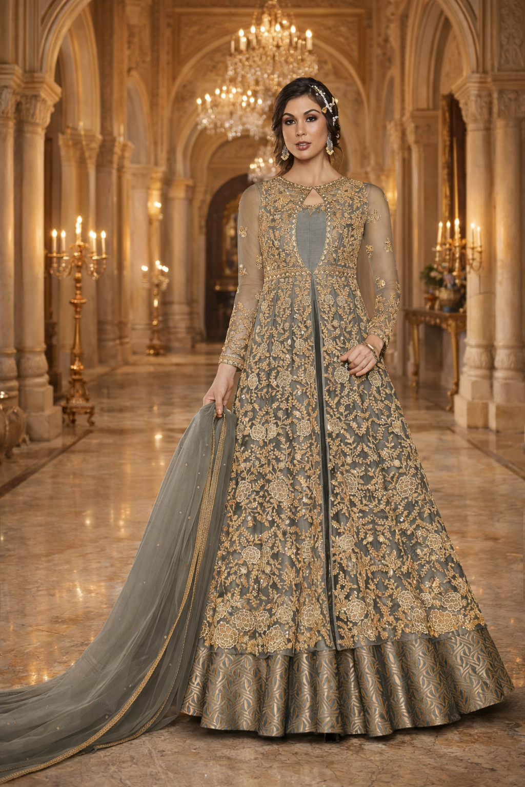 UV Royal Silks Grey Butterfly Net Salwar Kameez with Heavy Thread, Zari, Sequence & Diamond Work