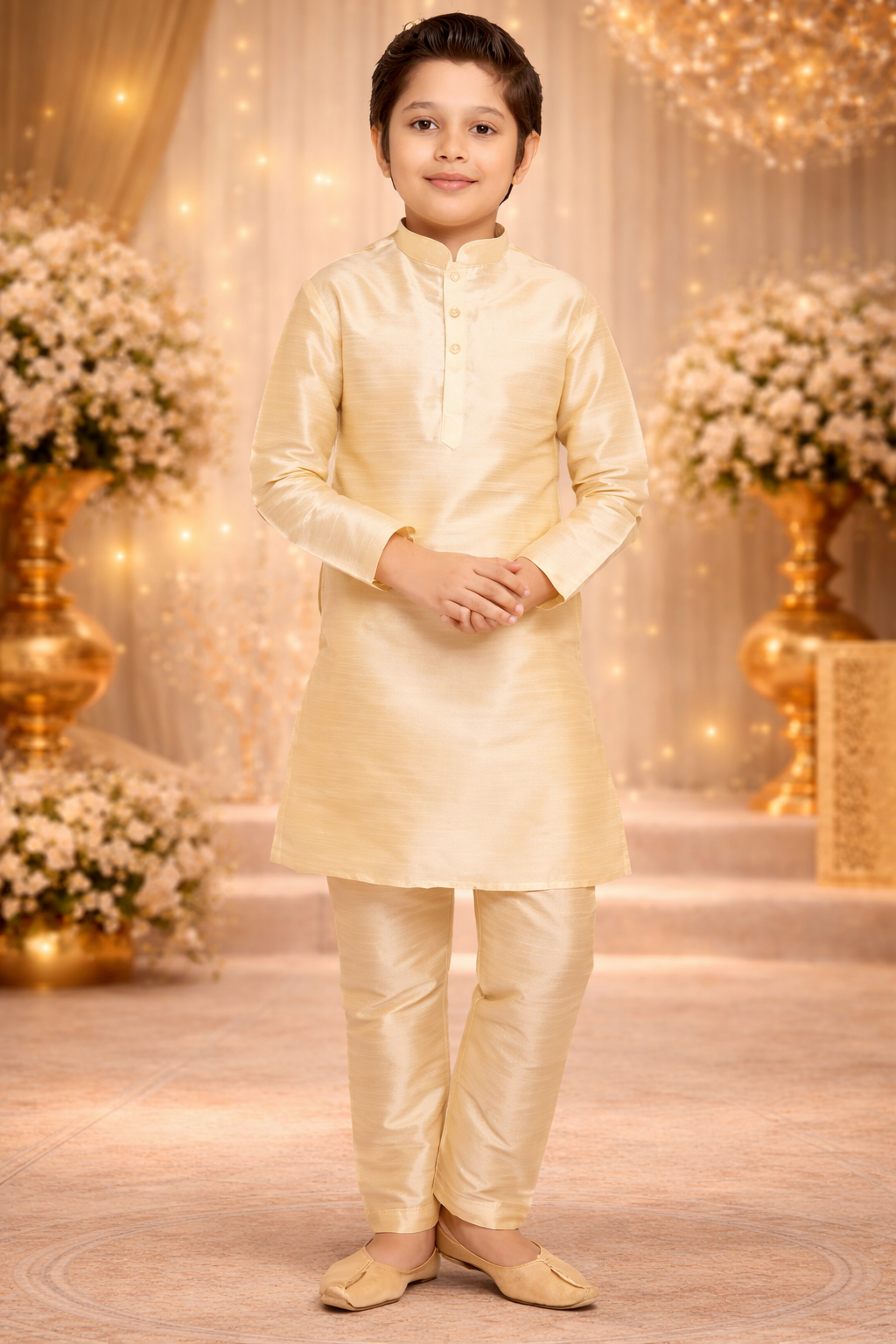 Traditional Wear Gold Weaving Art Banarasi Silk Kids Kurta Pajama | UV Royal Silks