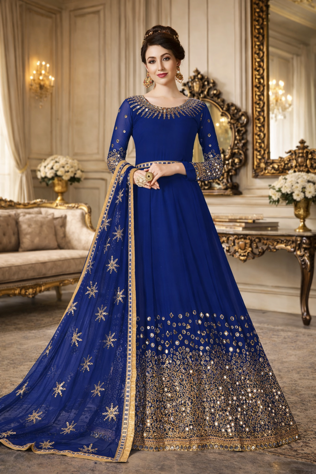 UV Royal Silks Blue Georgette Embroidered Salwar Kameez with Matching Dupatta | Designer Party Wear Suit