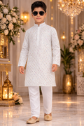 White Cotton Digital Printed Festival Wear Kids Kurta with Pant | UV Royal Silks